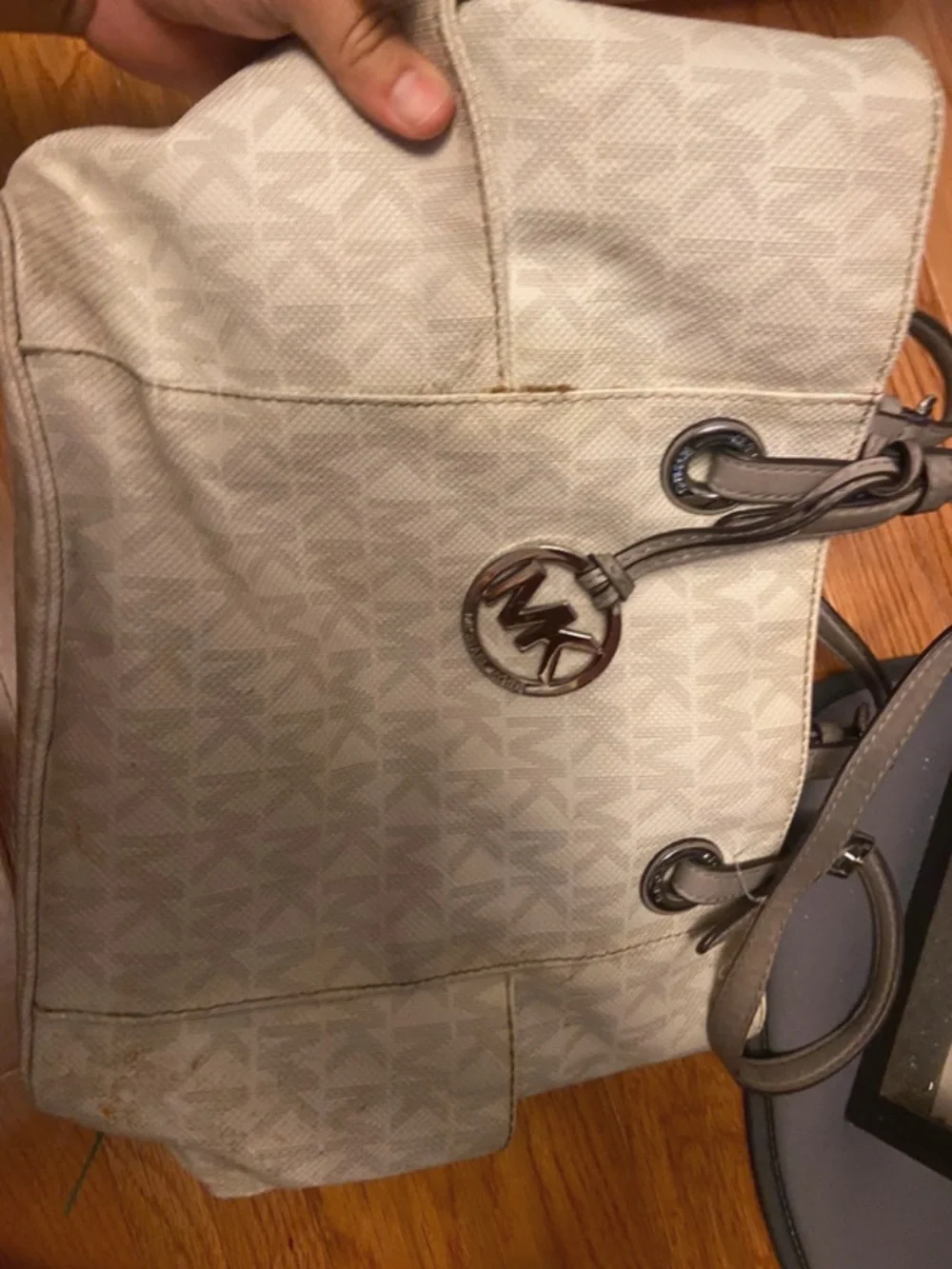 Michael Kors Light Beige Logo-Print Tote with MK Charm